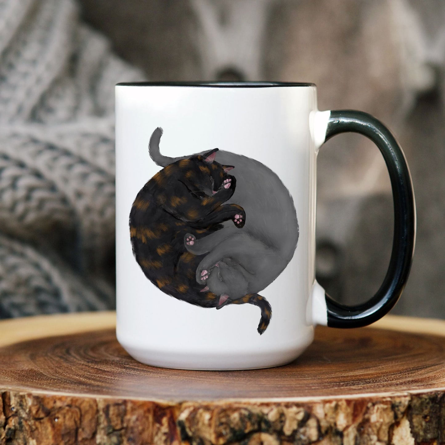 Tortoiseshell and Gray Sleeping Cats Mug - MerikaArt