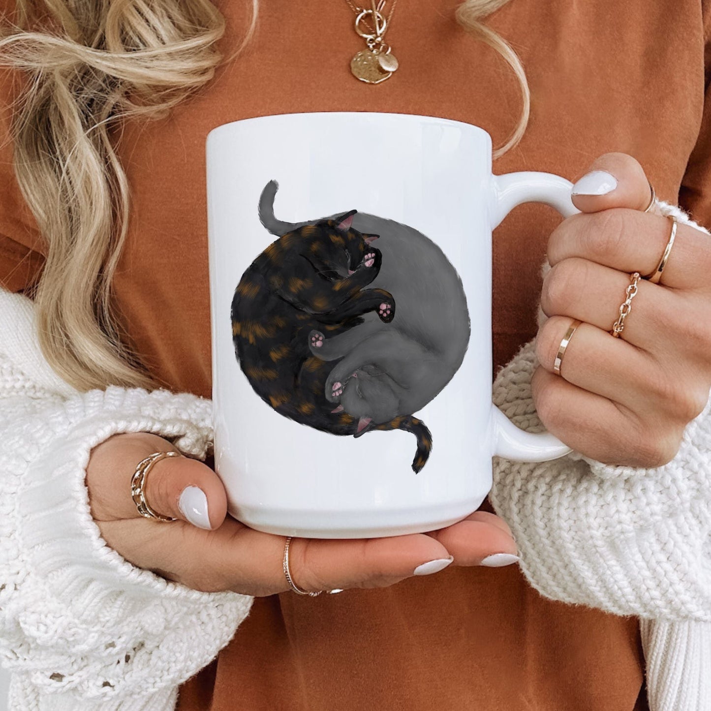 Tortoiseshell and Gray Sleeping Cats Mug - MerikaArt