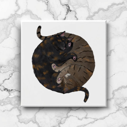 Tortoiseshell and Tabby Cats Yin and Yang Ceramic Tile - MerikaArt