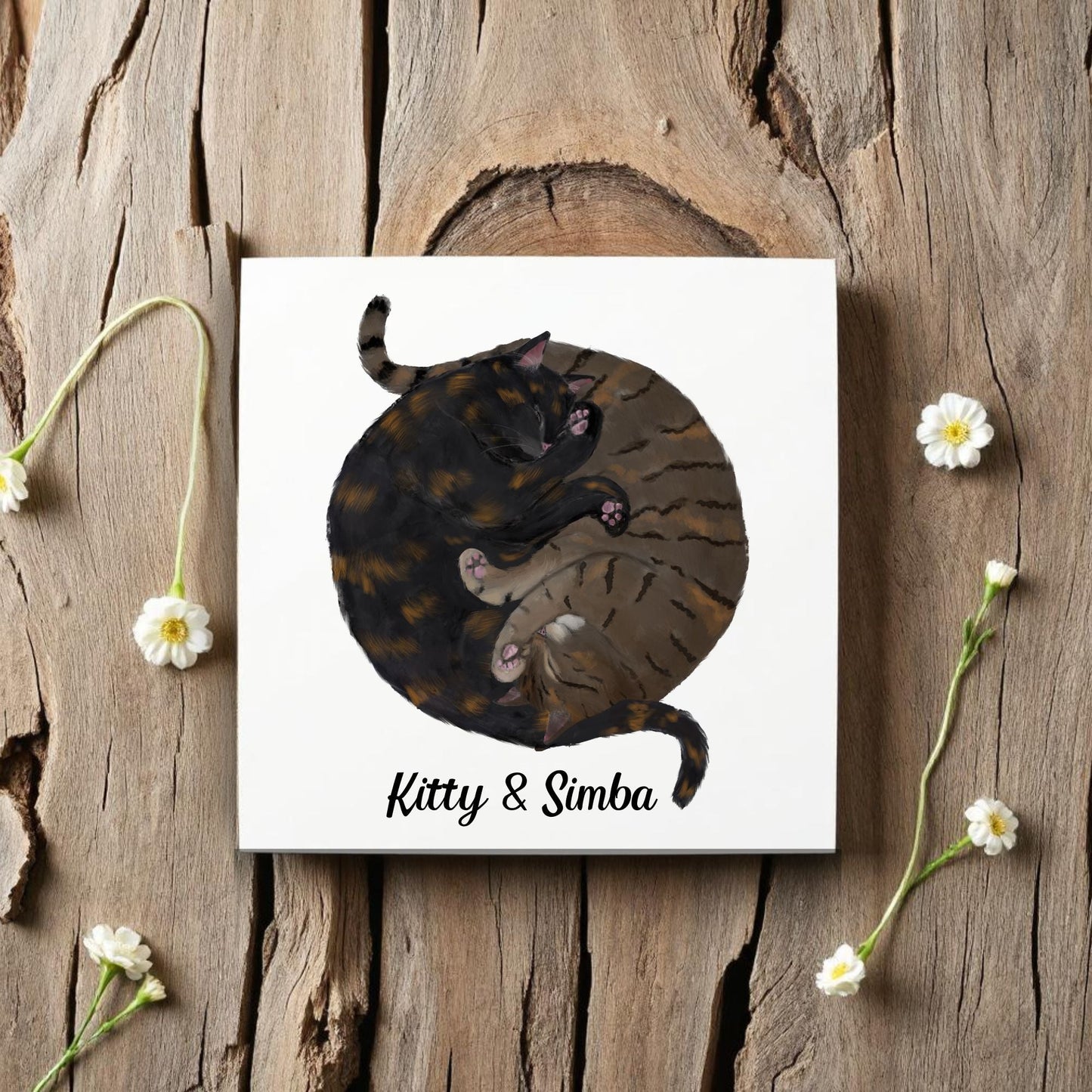 Tortoiseshell and Tabby Cats Yin and Yang Ceramic Tile - MerikaArt