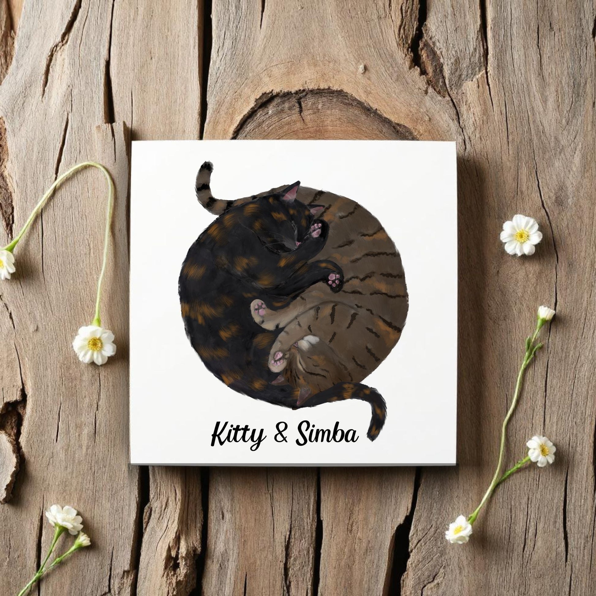 Tortoiseshell and Tabby Cats Yin and Yang Ceramic Tile - MerikaArt