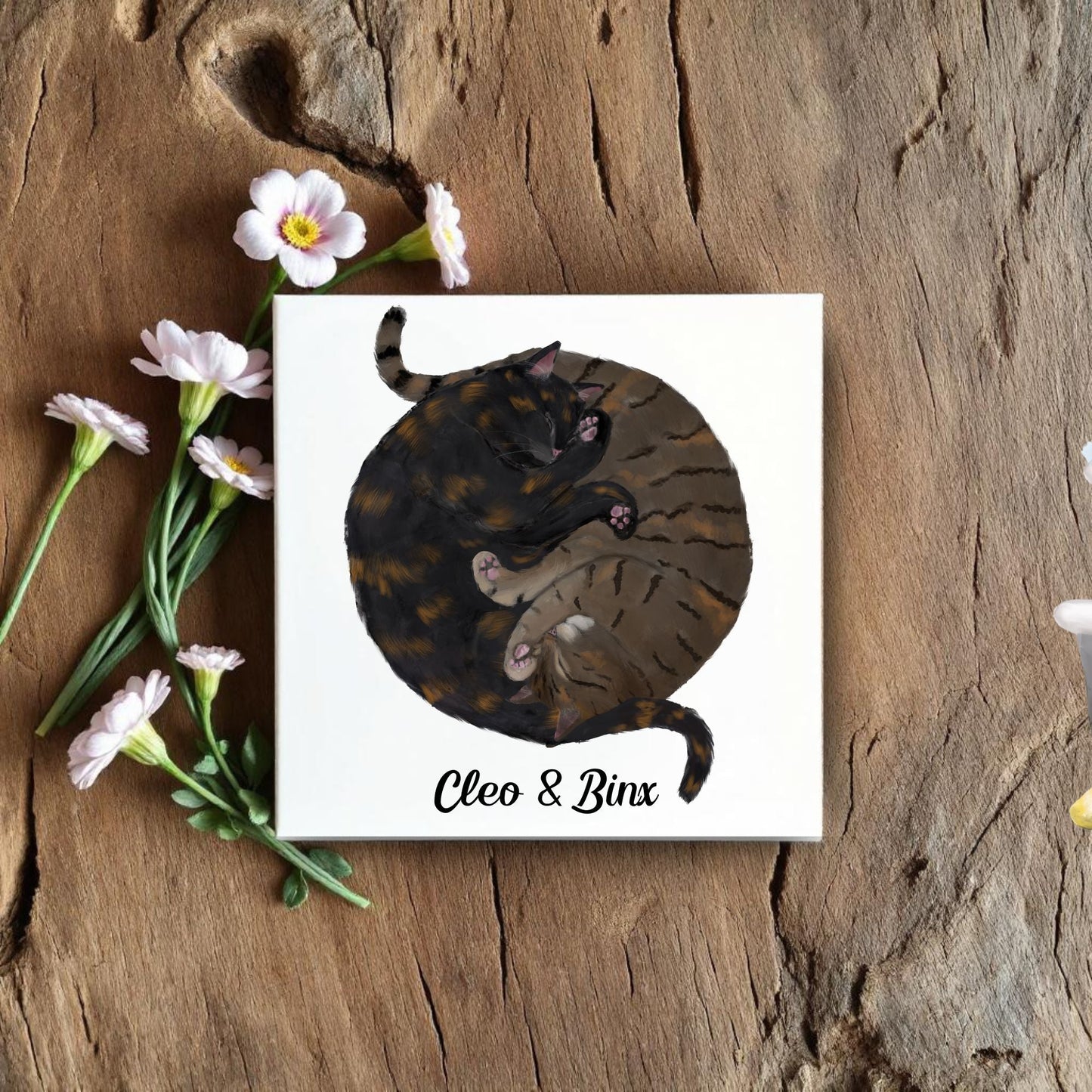 Tortoiseshell and Tabby Cats Yin and Yang Ceramic Tile - MerikaArt