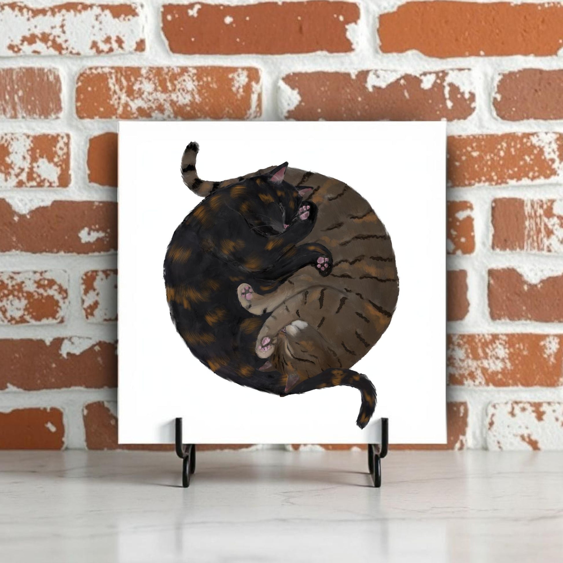 Tortoiseshell and Tabby Cats Yin and Yang Ceramic Tile - MerikaArt