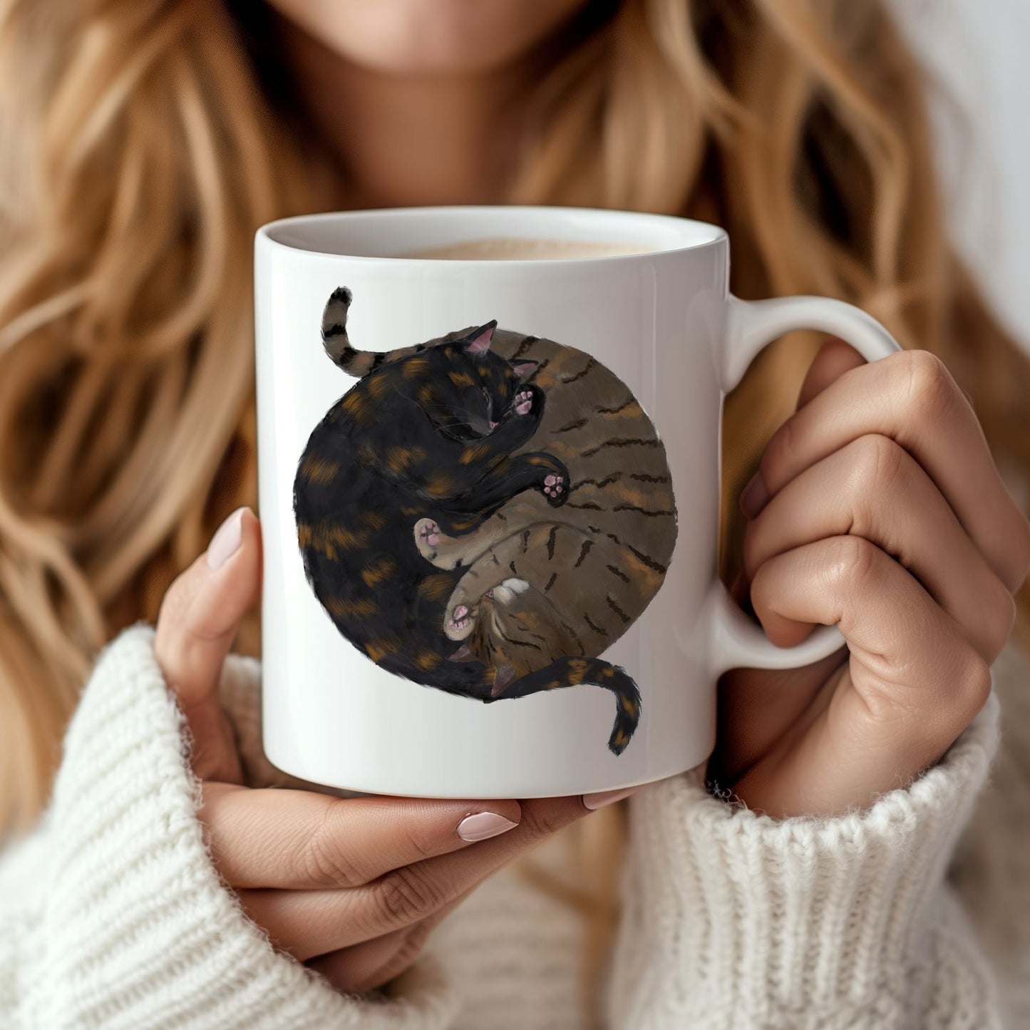 Tortoiseshell and Tabby Sleeping Cats Mug - MerikaArt