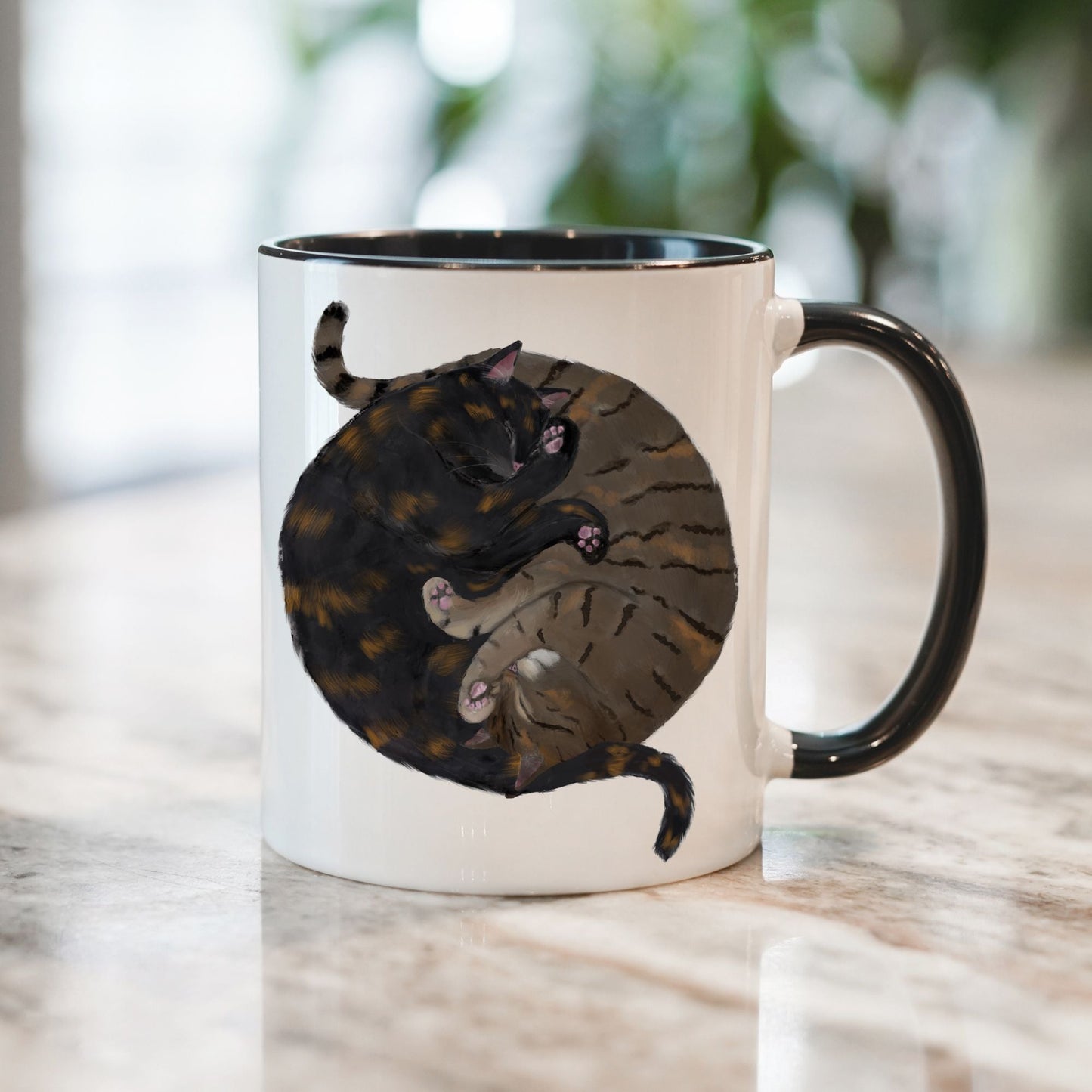 Tortoiseshell and Tabby Sleeping Cats Mug - MerikaArt