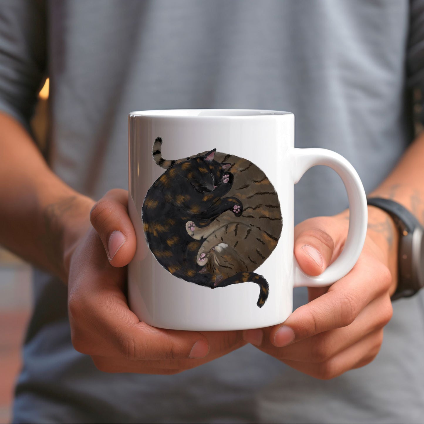 Tortoiseshell and Tabby Sleeping Cats Mug - MerikaArt