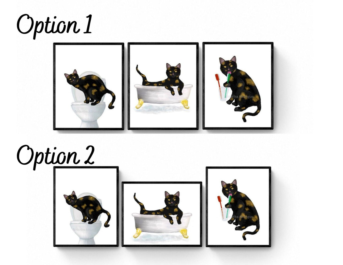 Tortoiseshell Cat Bathroom Art Prints - Set of 3 - MerikaArt