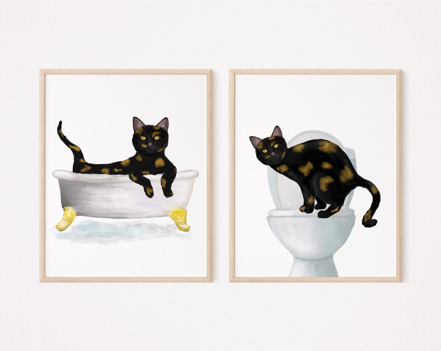 Tortoiseshell Cat Bathtub and Toilet Art Print Set of 2 – Humorous Bathroom Decor - MerikaArt