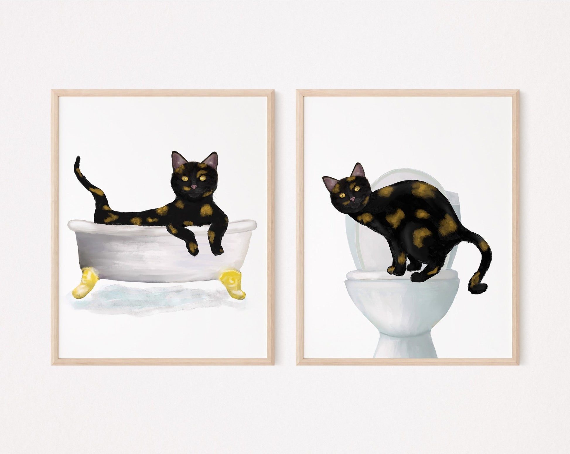 Tortoiseshell Cat Bathtub and Toilet Art Print Set of 2 – Humorous Bathroom Decor - MerikaArt