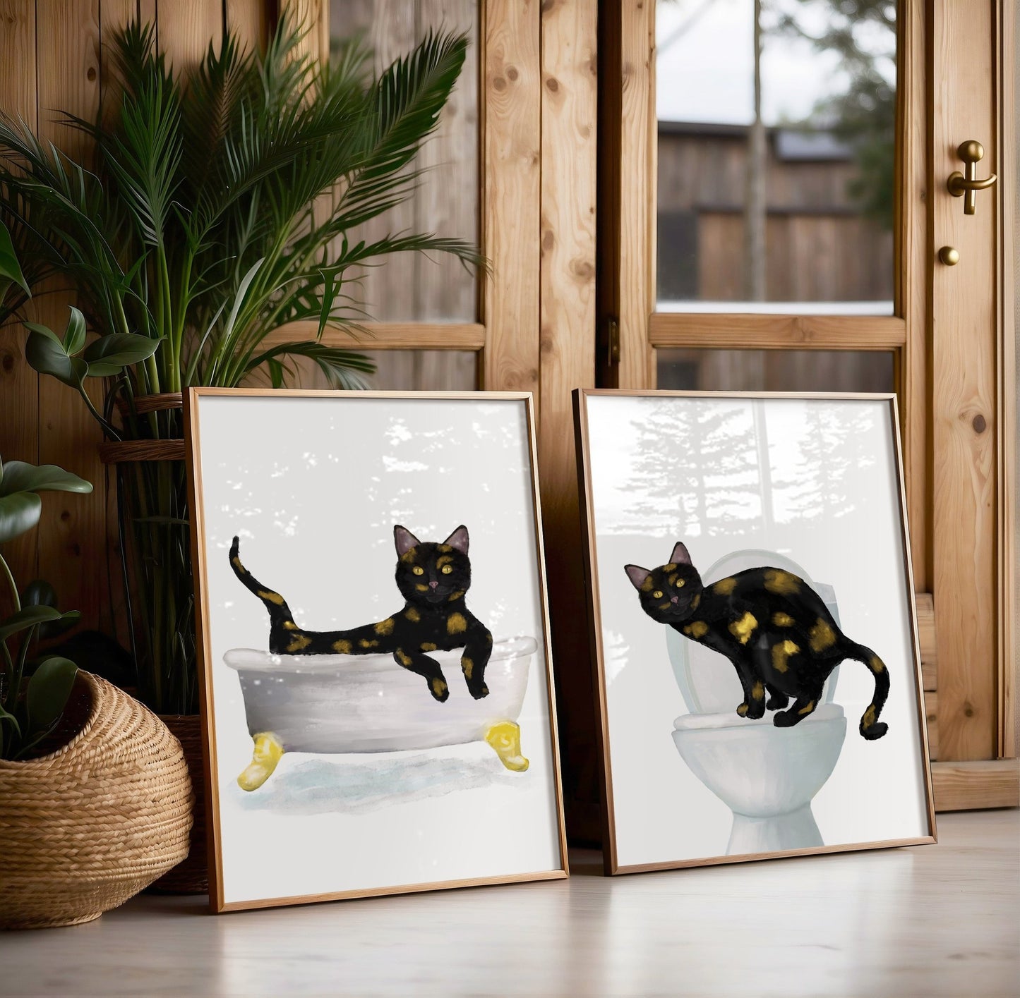 Tortoiseshell Cat Bathtub and Toilet Art Print Set of 2 – Humorous Bathroom Decor - MerikaArt