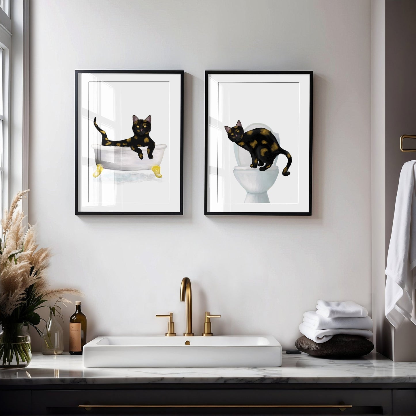 Tortoiseshell Cat Bathtub and Toilet Art Print Set of 2 – Humorous Bathroom Decor - MerikaArt