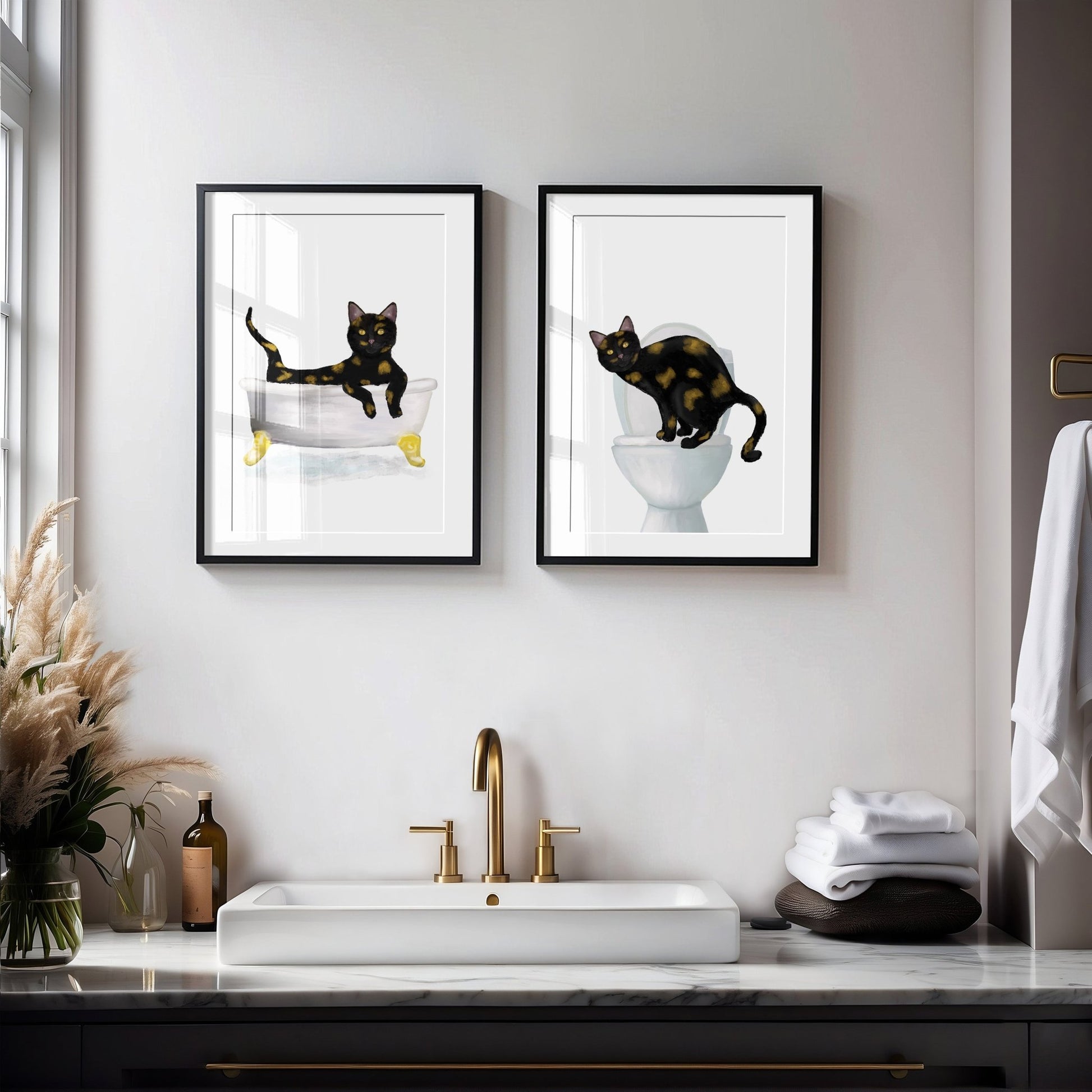 Tortoiseshell Cat Bathtub and Toilet Art Print Set of 2 – Humorous Bathroom Decor - MerikaArt