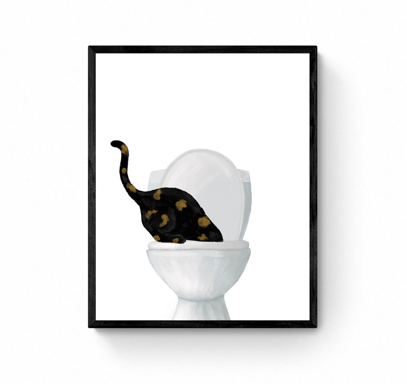 Tortoiseshell Cat Drinking Water From Toilet Art, Fat Tortie Cat Print, Bathroom Decor, Cat Painting, Kitty Licking Water From Toilet Art, - MerikaArt