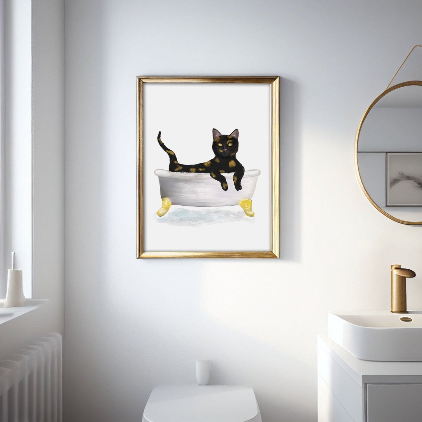 Tortoiseshell Cat in Bathtub – Playful and Unique Cat Art Print - MerikaArt