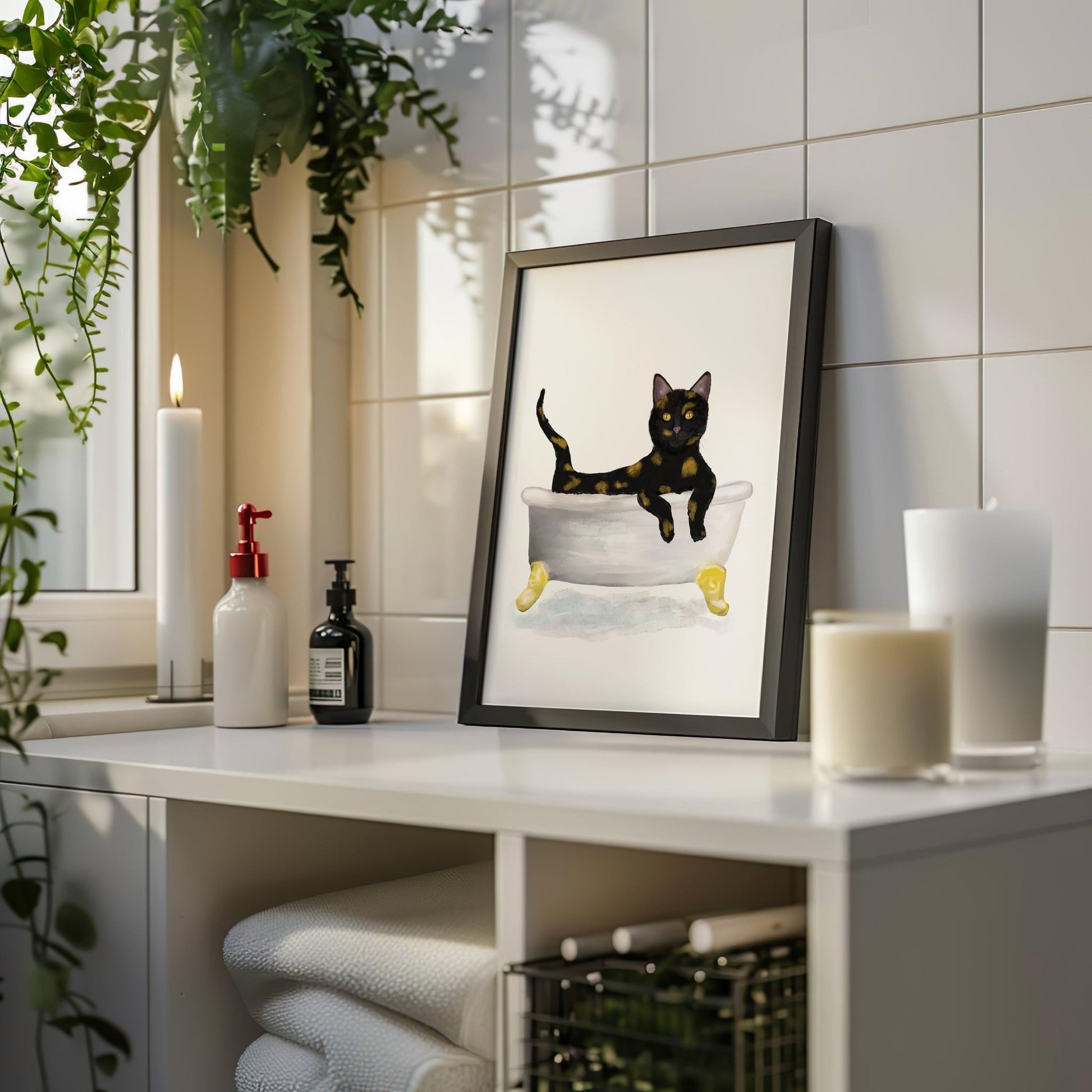 Tortoiseshell Cat in Bathtub – Playful and Unique Cat Art Print - MerikaArt