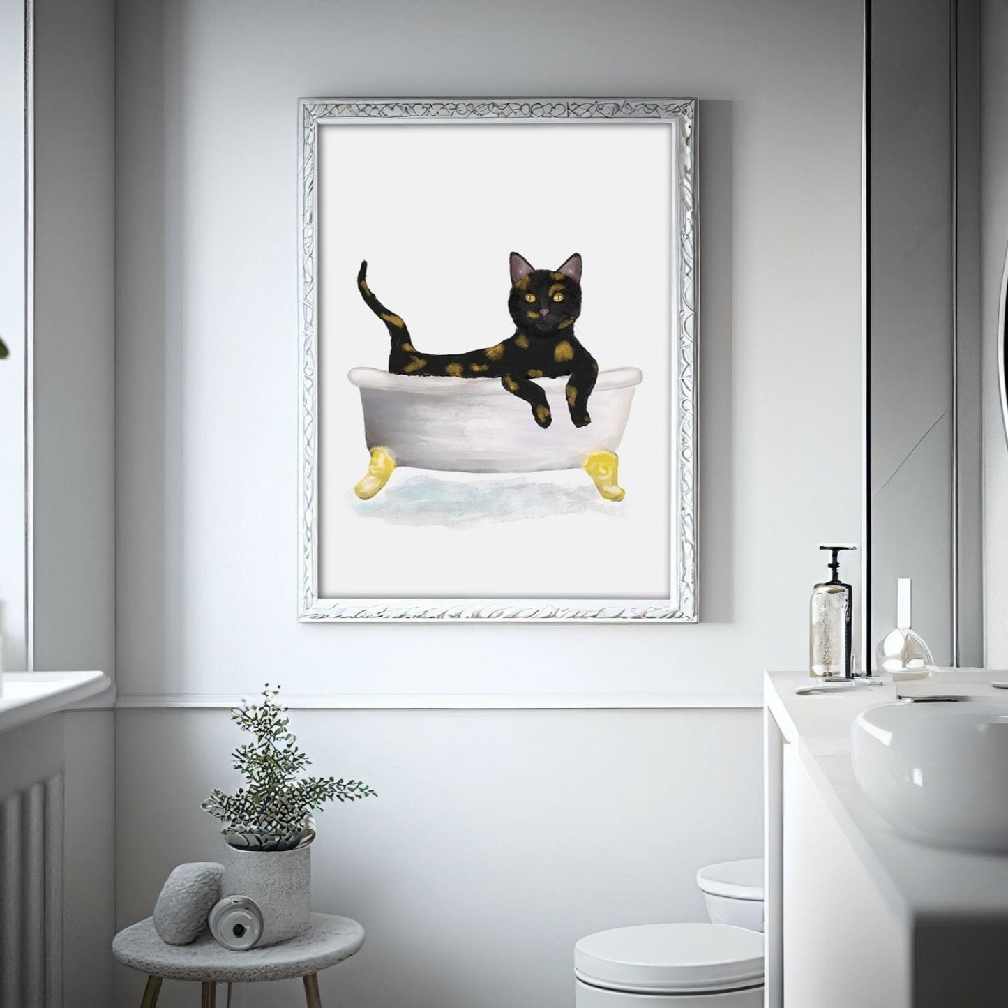 Tortoiseshell Cat in Bathtub – Playful and Unique Cat Art Print - MerikaArt