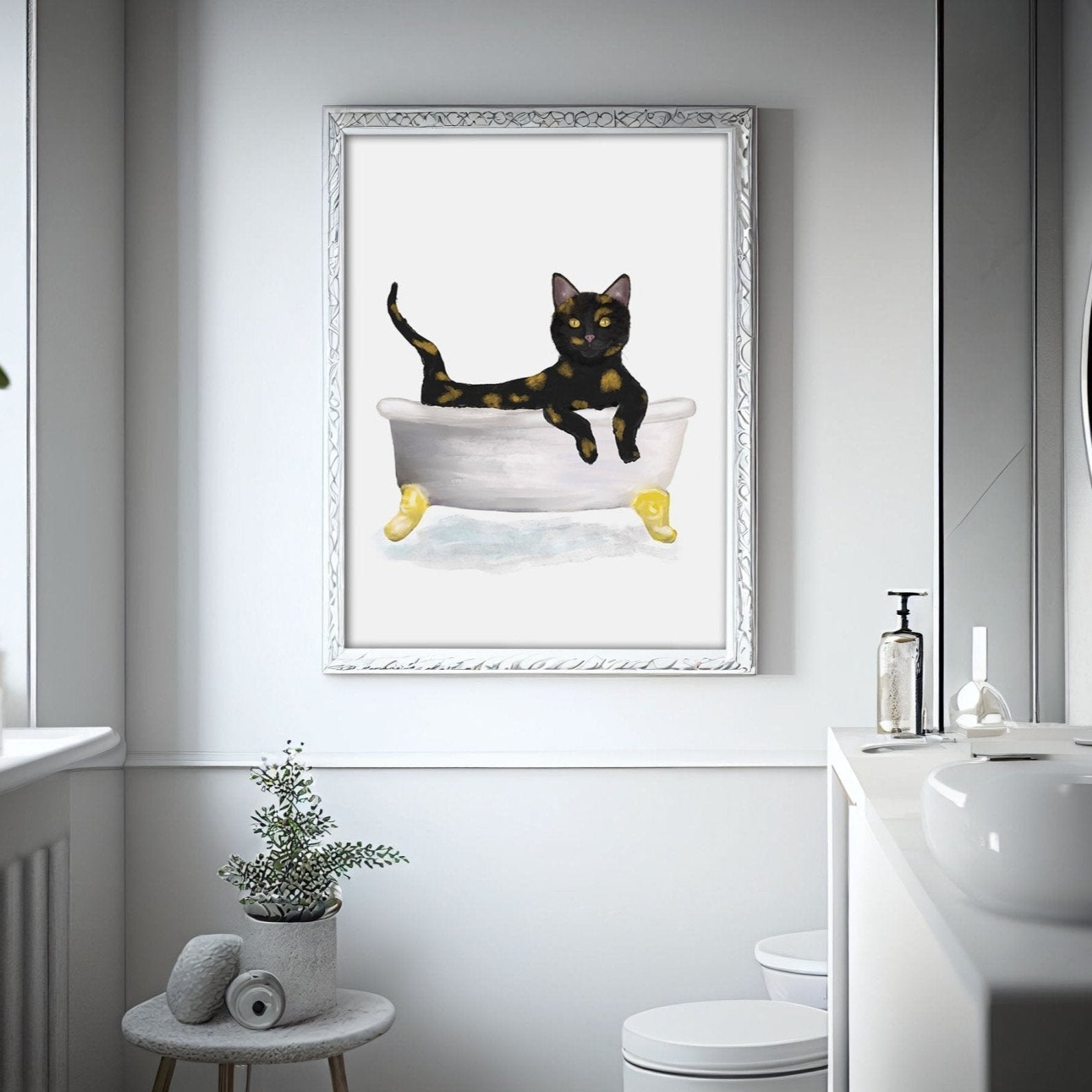 Tortoiseshell Cat in Bathtub – Playful and Unique Cat Art Print - MerikaArt