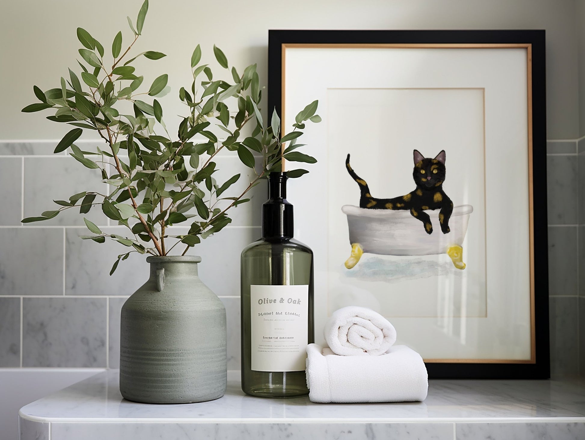 Tortoiseshell Cat in Bathtub – Playful and Unique Cat Art Print - MerikaArt