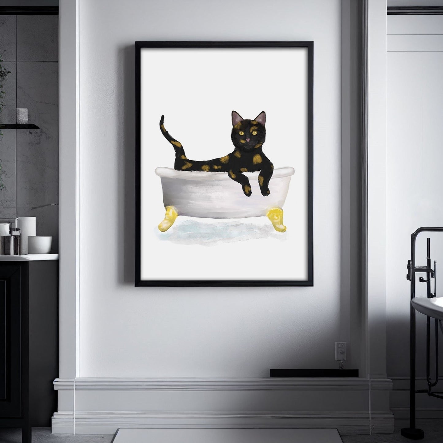 Tortoiseshell Cat in Bathtub – Playful and Unique Cat Art Print - MerikaArt