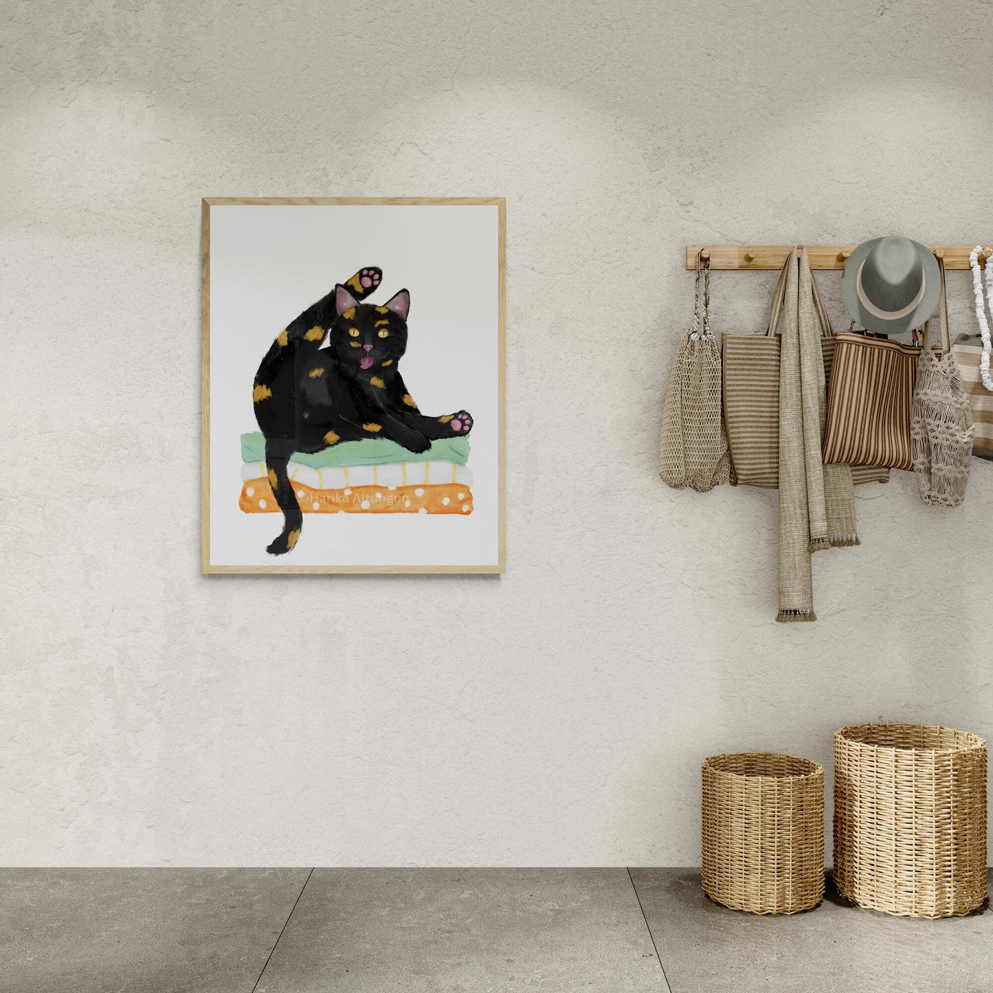 Tortoiseshell Cat on Laundry Print, Tortie Cat Sitting on Folded Linens, Laundry Wall Art, Cat Illustration, Home Decor, Cat Memorial - MerikaArt