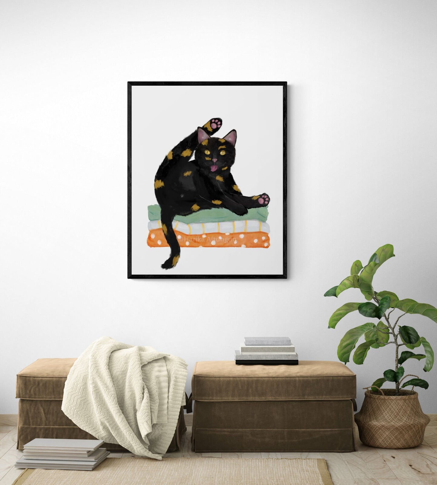 Tortoiseshell Cat on Laundry Print, Tortie Cat Sitting on Folded Linens, Laundry Wall Art, Cat Illustration, Home Decor, Cat Memorial - MerikaArt