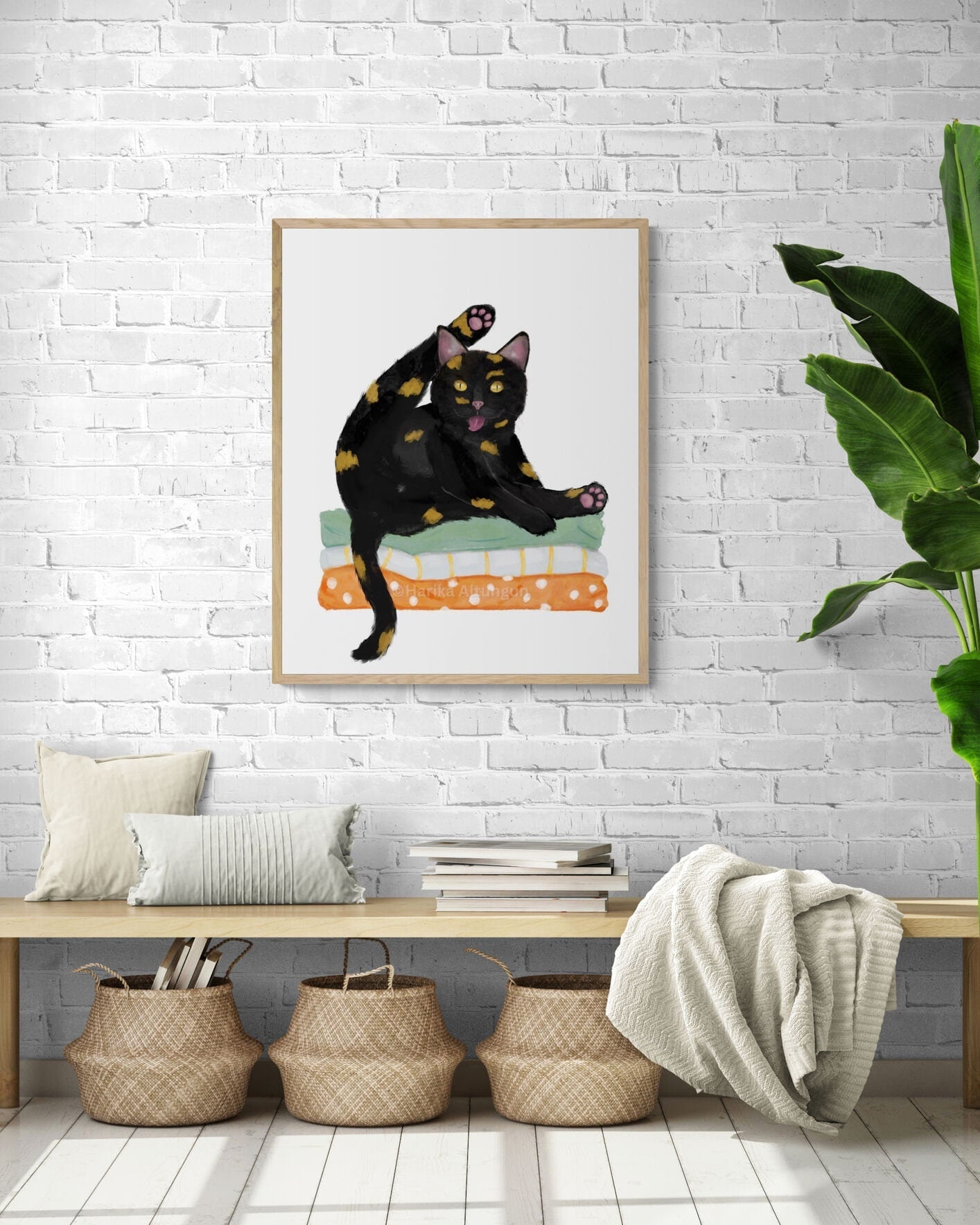 Tortoiseshell Cat on Laundry Print, Tortie Cat Sitting on Folded Linens, Laundry Wall Art, Cat Illustration, Home Decor, Cat Memorial - MerikaArt