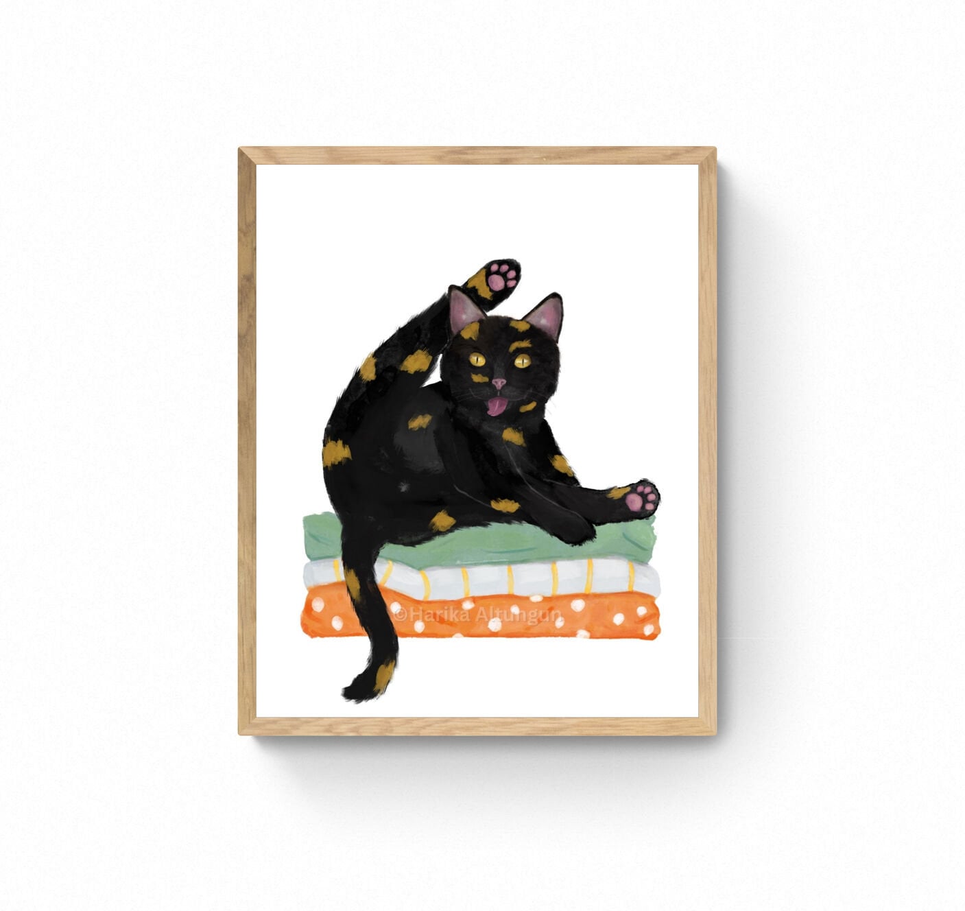 Tortoiseshell Cat on Laundry Print, Tortie Cat Sitting on Folded Linens, Laundry Wall Art, Cat Illustration, Home Decor, Cat Memorial - MerikaArt