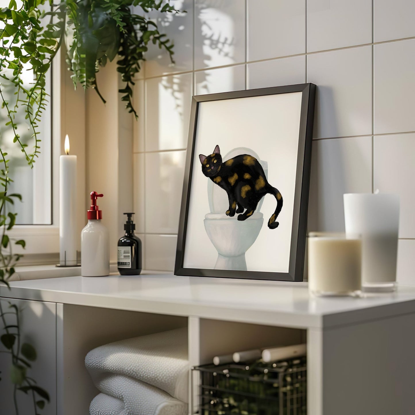 Tortoiseshell Cat on Toilet – Fun and Unique Cat Art Print - MerikaArt