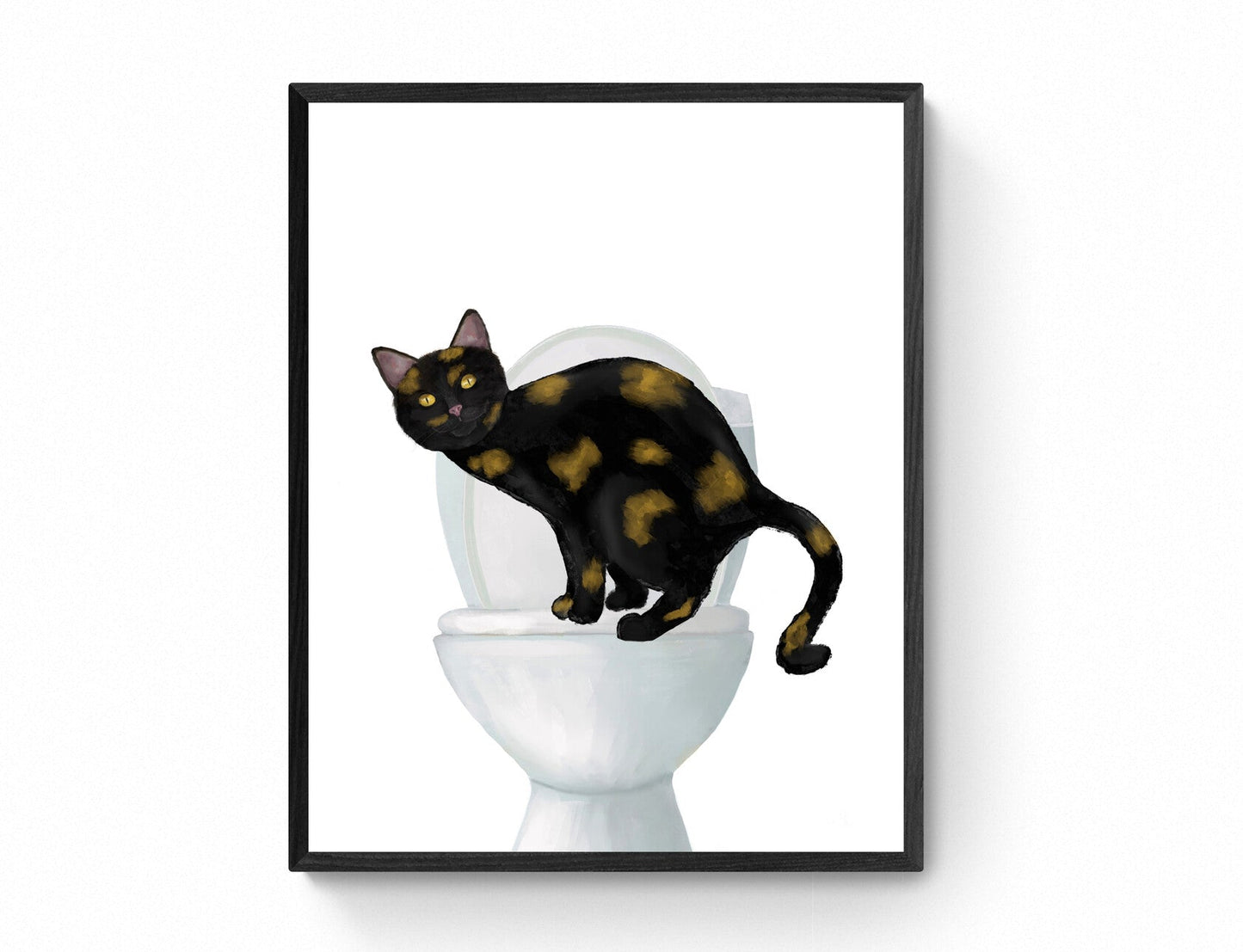 Tortoiseshell Cat on Toilet – Fun and Unique Cat Art Print - MerikaArt