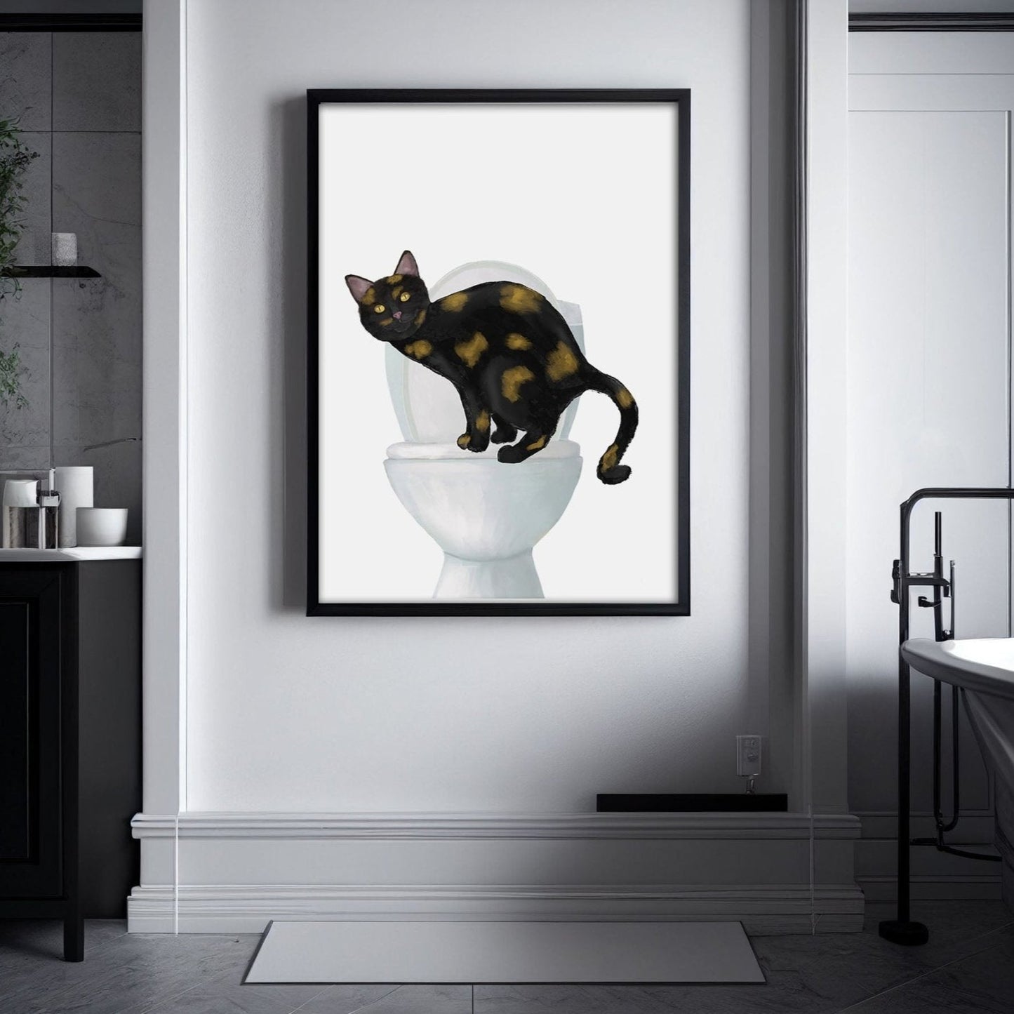Tortoiseshell Cat on Toilet – Fun and Unique Cat Art Print - MerikaArt