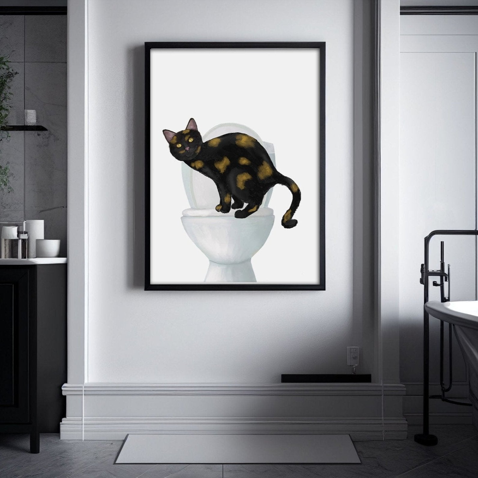 Tortoiseshell Cat on Toilet – Fun and Unique Cat Art Print - MerikaArt