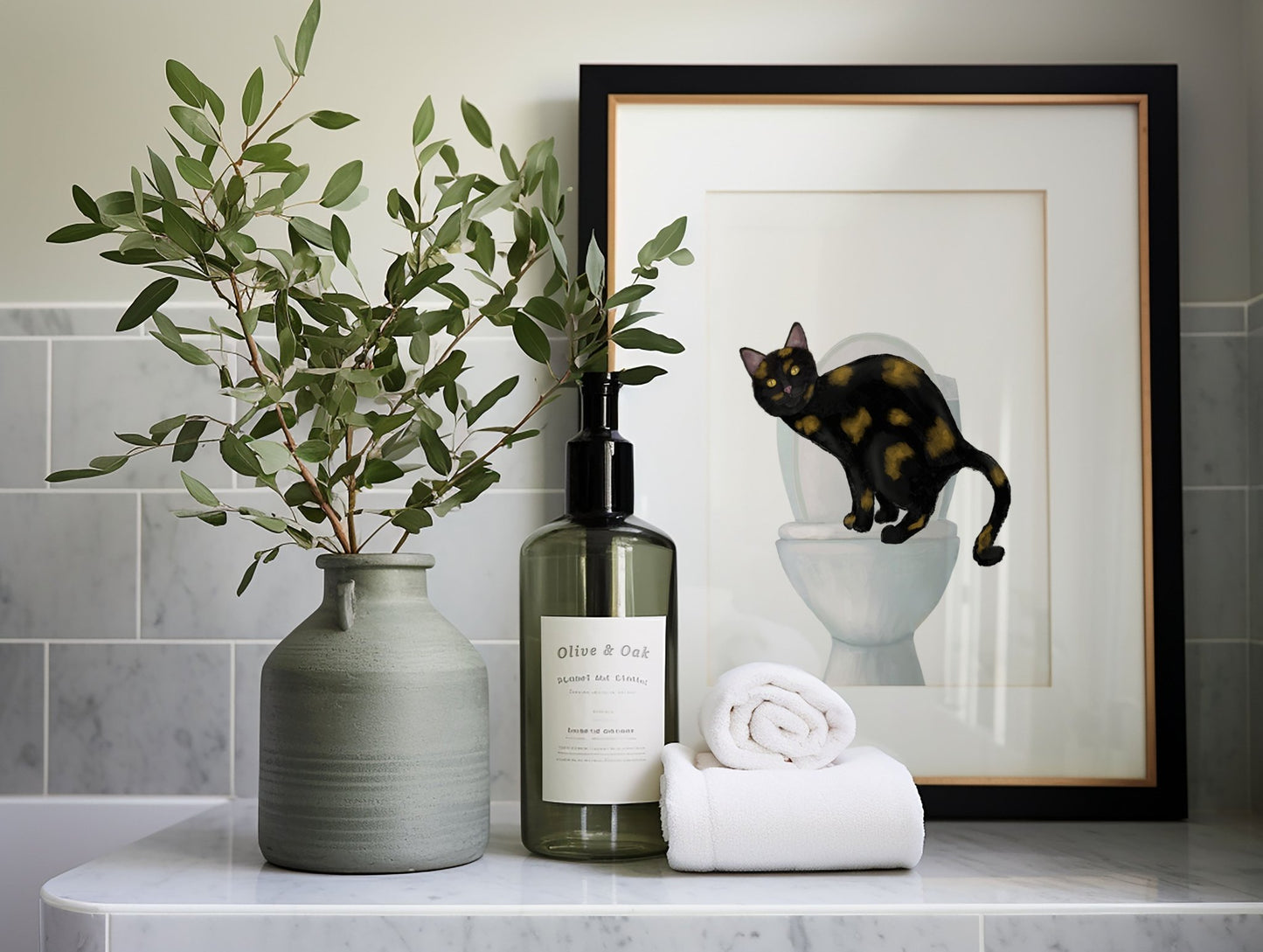 Tortoiseshell Cat on Toilet – Fun and Unique Cat Art Print - MerikaArt