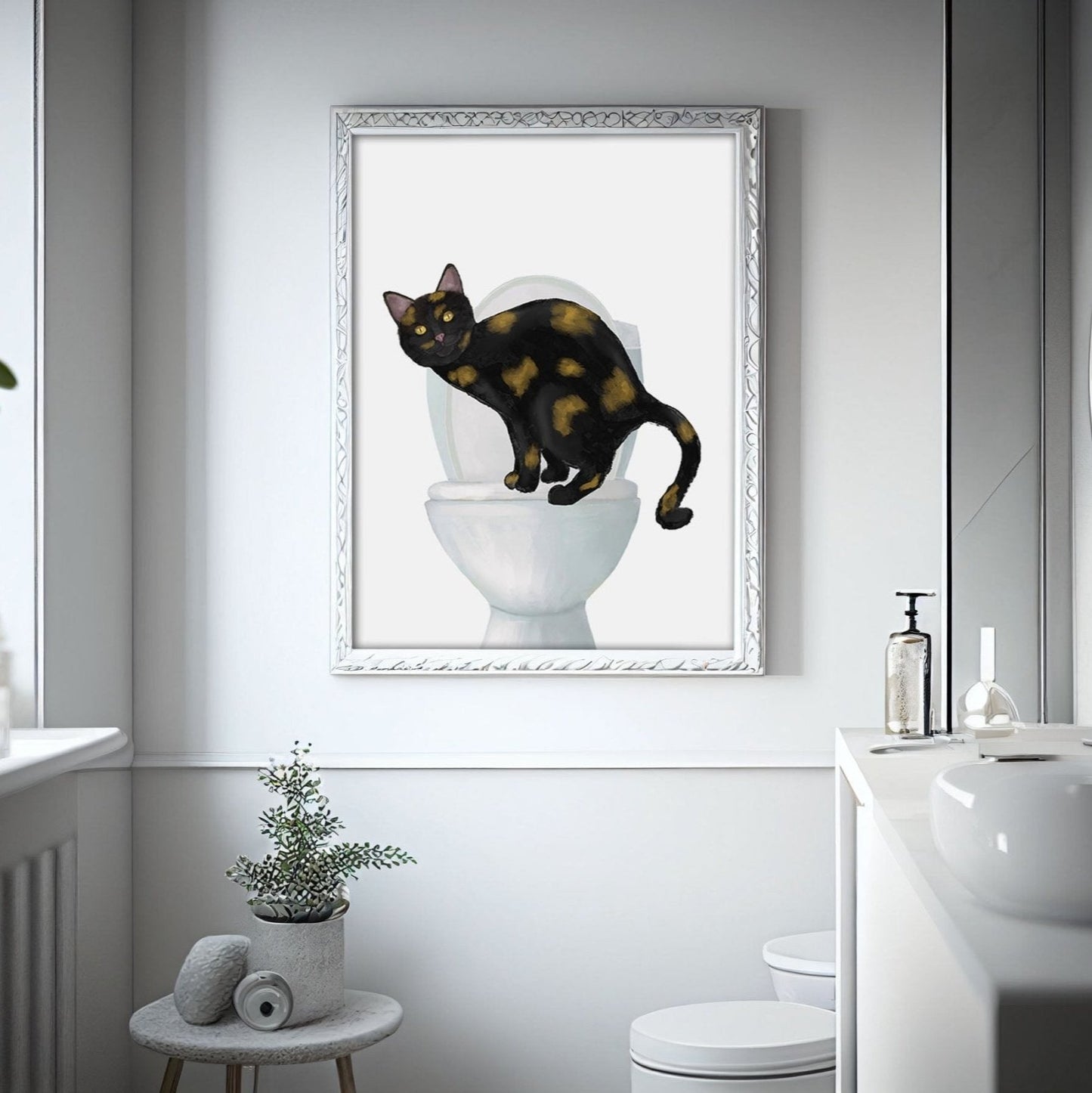 Tortoiseshell Cat on Toilet – Fun and Unique Cat Art Print - MerikaArt