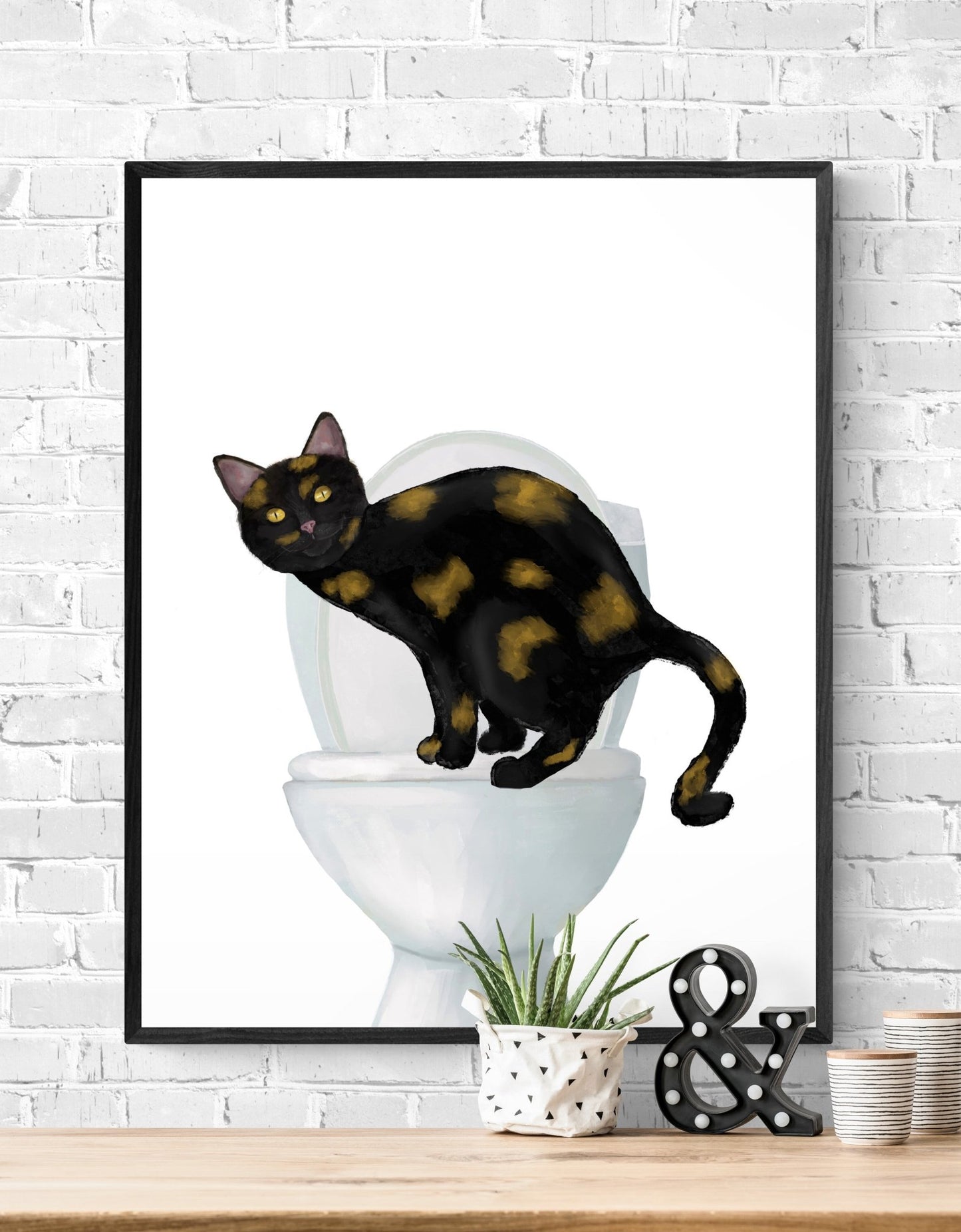 Tortoiseshell Cat on Toilet – Fun and Unique Cat Art Print - MerikaArt