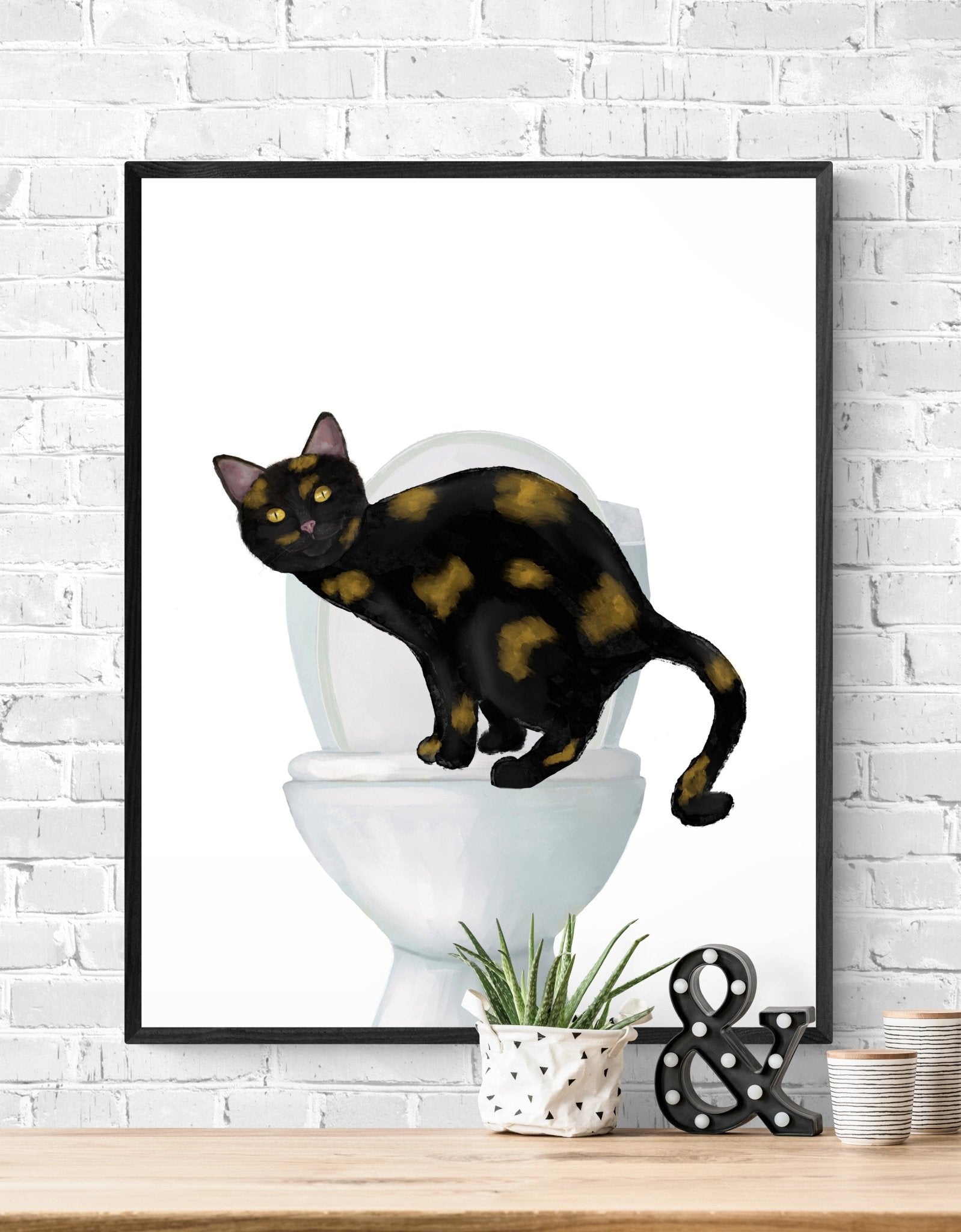 Tortoiseshell Cat on Toilet – Fun and Unique Cat Art Print - MerikaArt