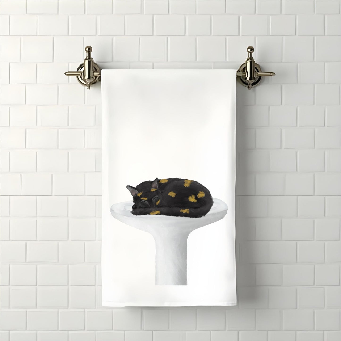 Tortoiseshell Cat Sleeping on a Sink Bathroom Towel - MerikaArt