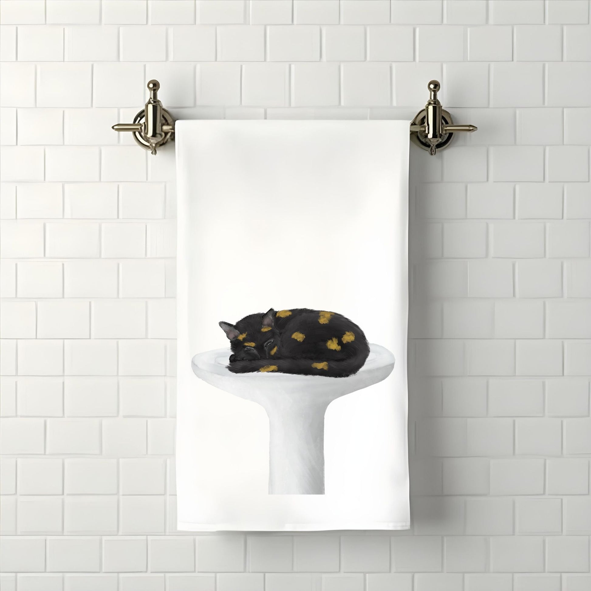 Tortoiseshell Cat Sleeping on a Sink Bathroom Towel - MerikaArt