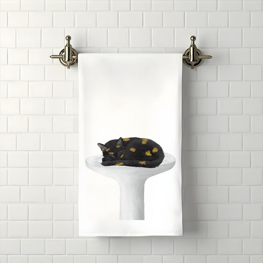 Tortoiseshell Cat Sleeping on a Sink Bathroom Towel - MerikaArt