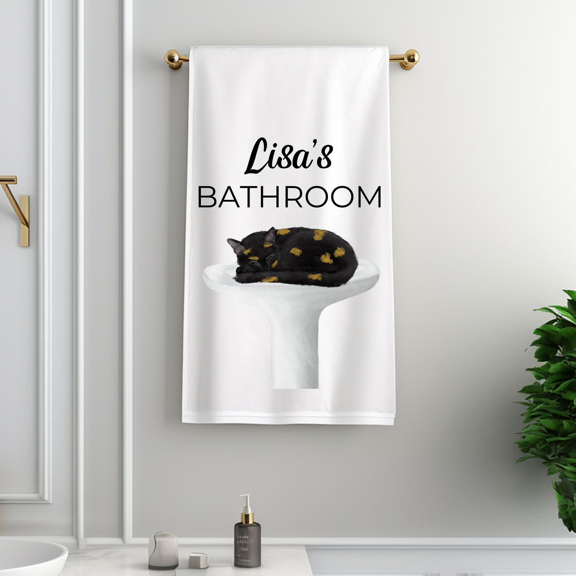 Tortoiseshell Cat Sleeping on a Sink Bathroom Towel - MerikaArt