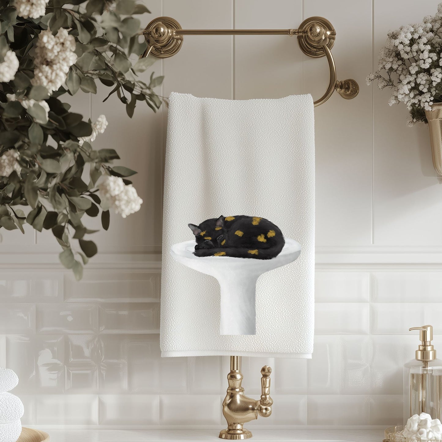 Tortoiseshell Cat Sleeping on a Sink Bathroom Towel - MerikaArt