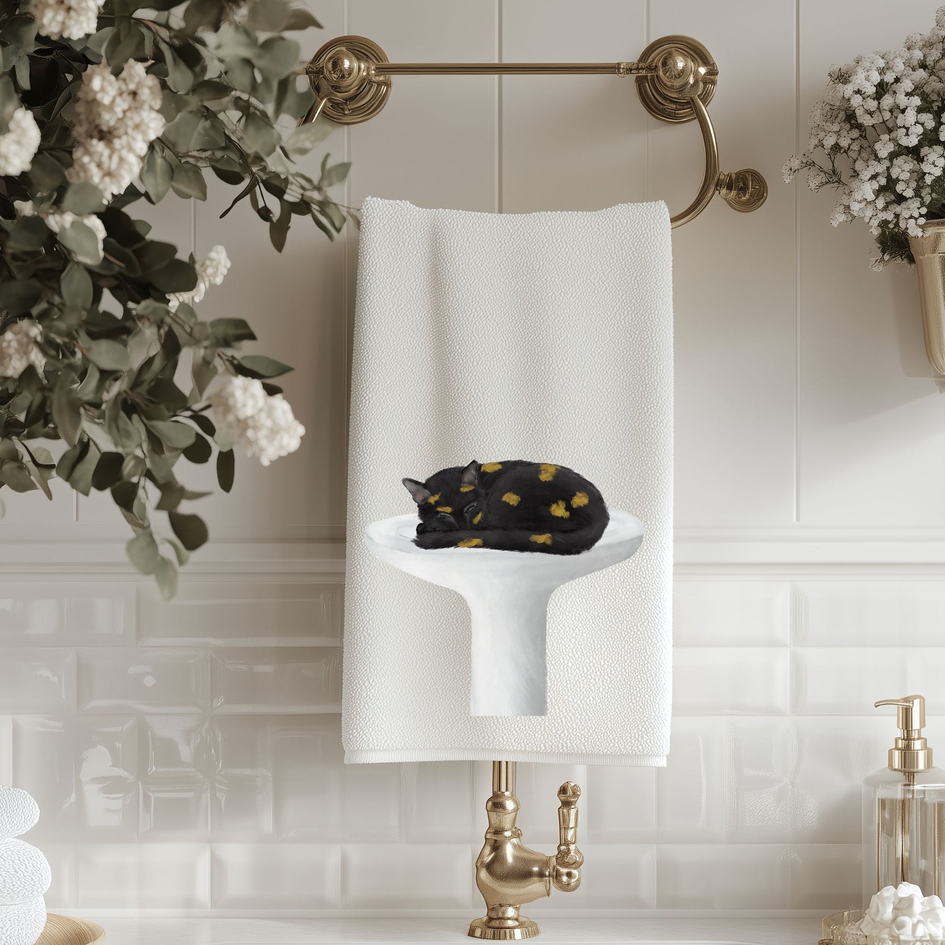 Tortoiseshell Cat Sleeping on a Sink Bathroom Towel - MerikaArt
