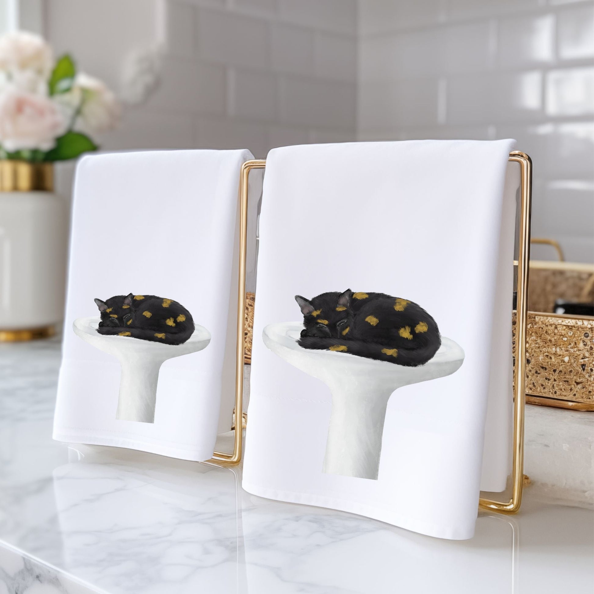 Tortoiseshell Cat Sleeping on a Sink Bathroom Towel - MerikaArt