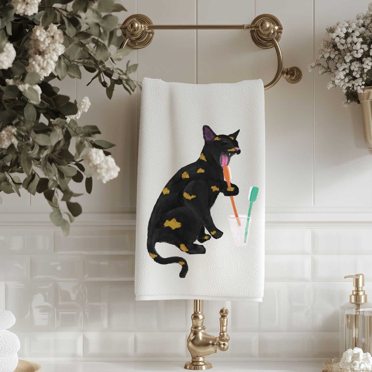 Tortoiseshell Cat Toothbrush Bathroom Towel - MerikaArt