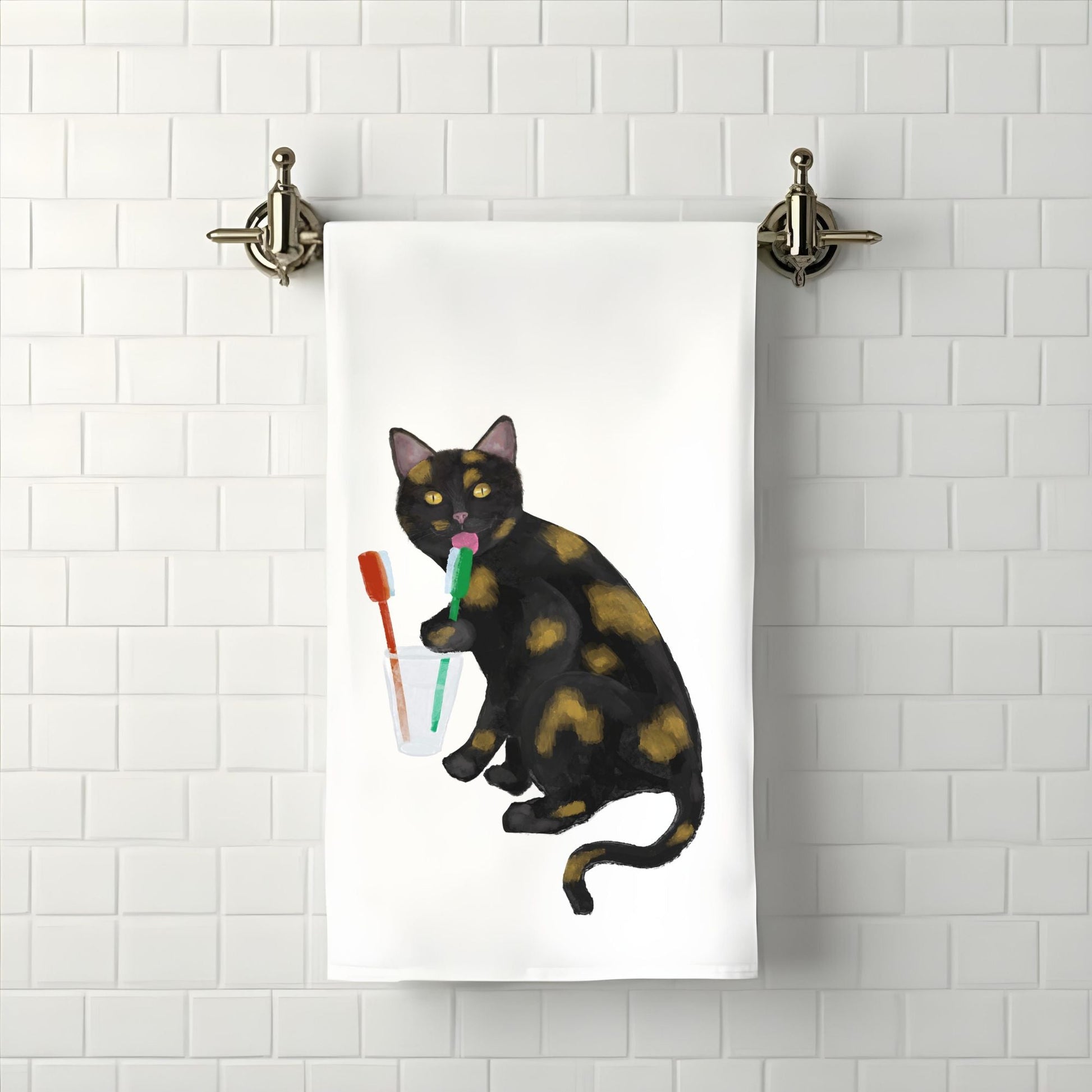 Tortoiseshell Cat Toothbrush Bathroom Towel - MerikaArt