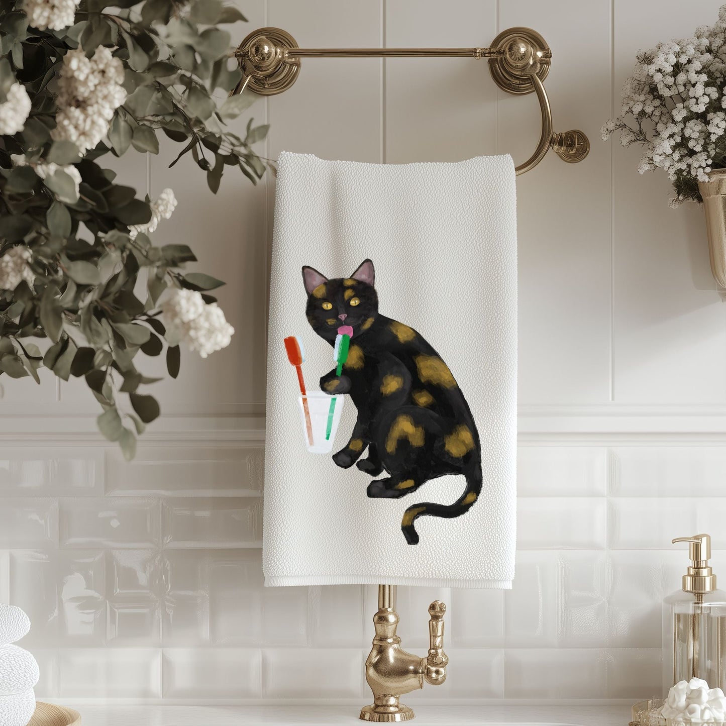 Tortoiseshell Cat Toothbrush Bathroom Towel - MerikaArt