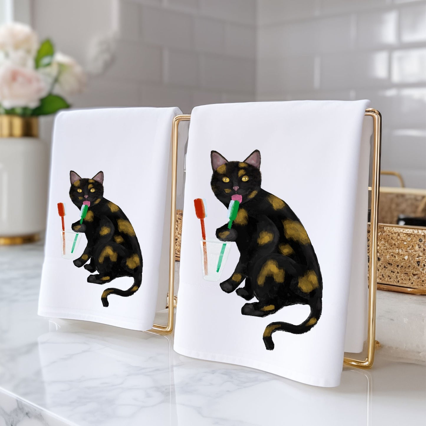 Tortoiseshell Cat Toothbrush Bathroom Towel - MerikaArt