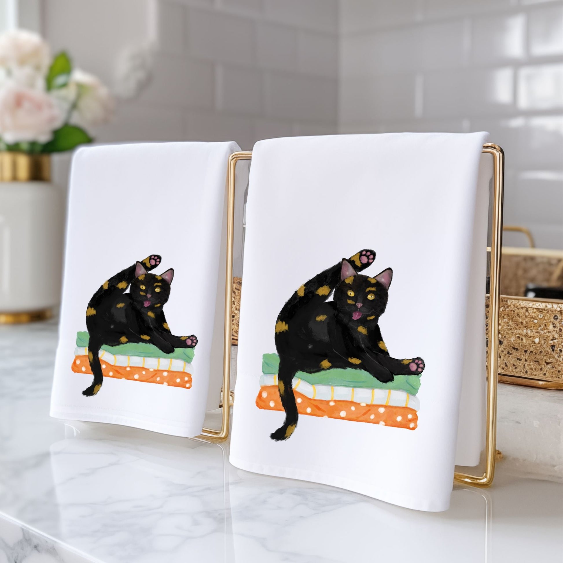 Tortoiseshell Cat Yoga Bathroom Towel - MerikaArt