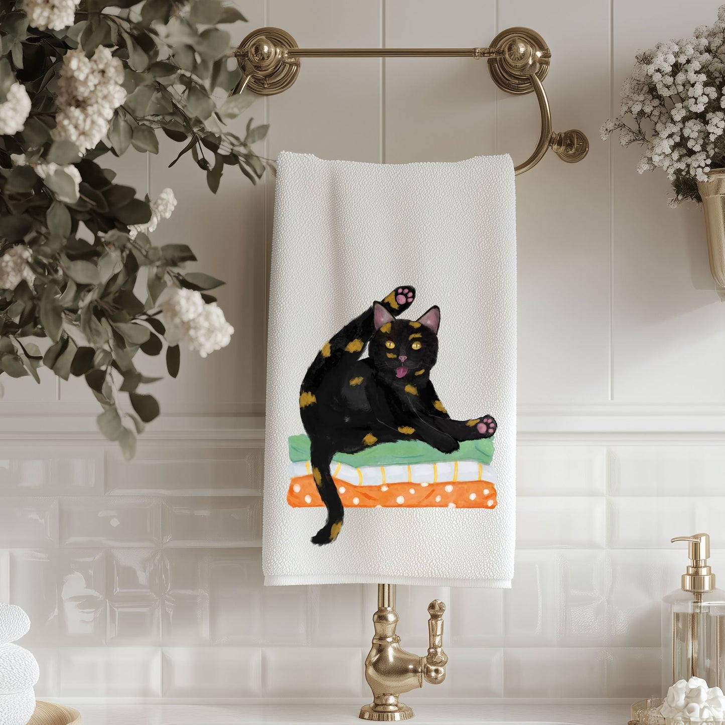 Tortoiseshell Cat Yoga Bathroom Towel - MerikaArt