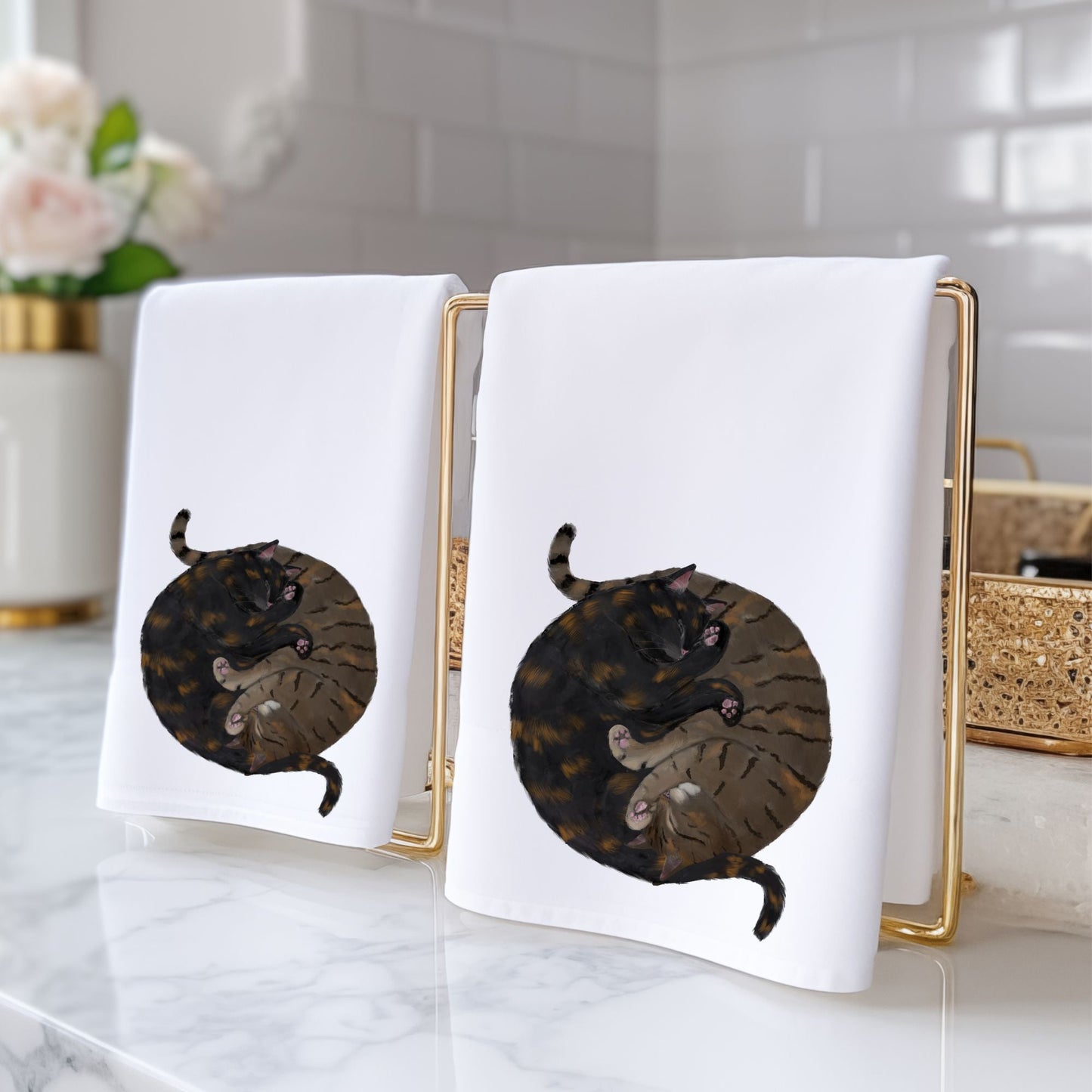 Tortoiseshell & Tabby Sleeping Cats Bathroom Towel - MerikaArt