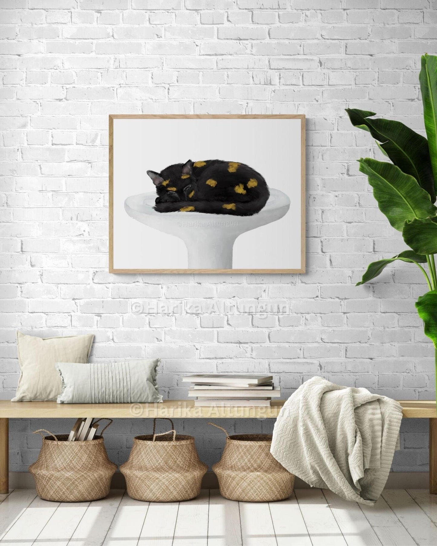 Tortoishell Cat Sleeping In Sink Art, Tortie Cat In Bath Print, Black and orange Kitten Art, Cat Illustration, Home Decor, Cat Lover Gift - MerikaArt